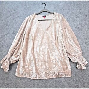 Vince Camuto Blouse Womens 1X Champagne Velvet V-Neck Smocked Cuffs